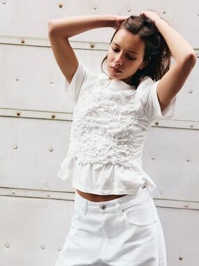 NWT Zara White Ruched Peplum Short Sleeve Tee
